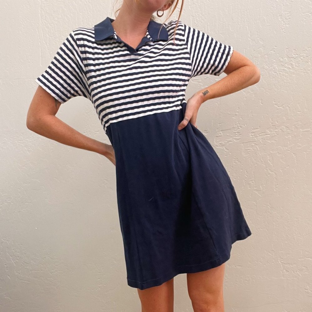 Vintage 1990's Blue White Striped Knit Polo Mini Dress